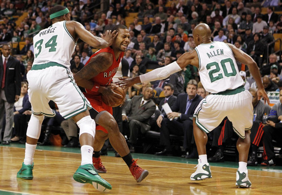 Boston Celtics' Paul Pierce and Ray Allen guard Toronto Raptors' James Johnson in the first half of their NBA basketball game at TD Garden in Boston, Massachusetts NBA Jordans On Court: Games of February 1 2,2012