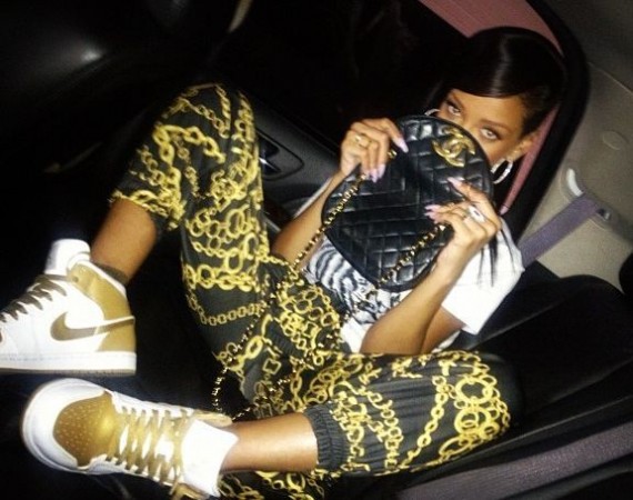 Rihanna Wearing Air Jordan 1 Gold Medal