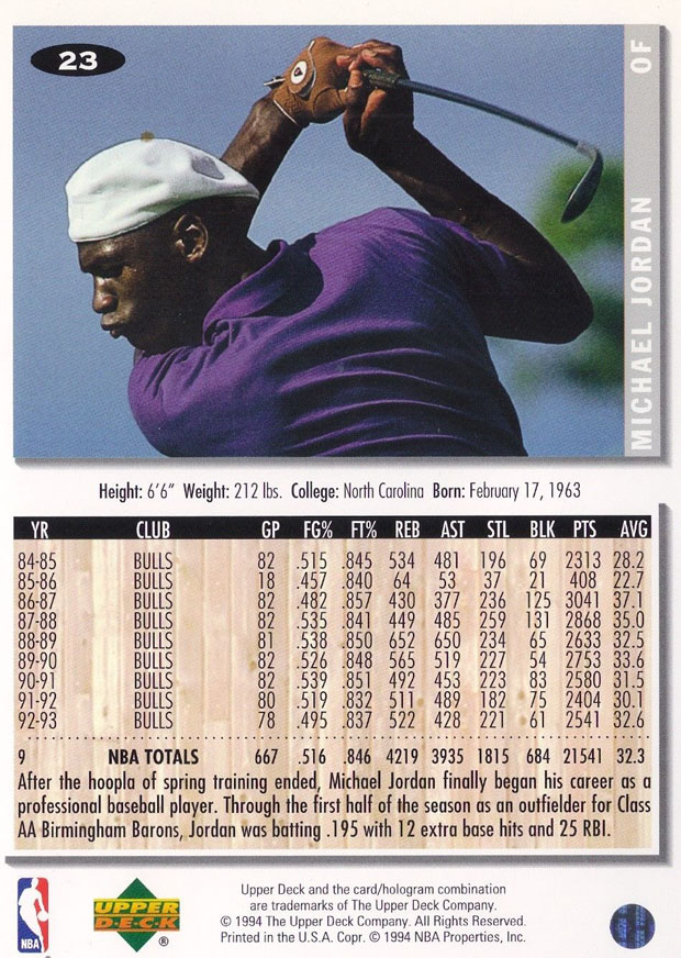 Vintage Gear Michael Jordan Upper Deck "Barons/Bulls" Card 1994